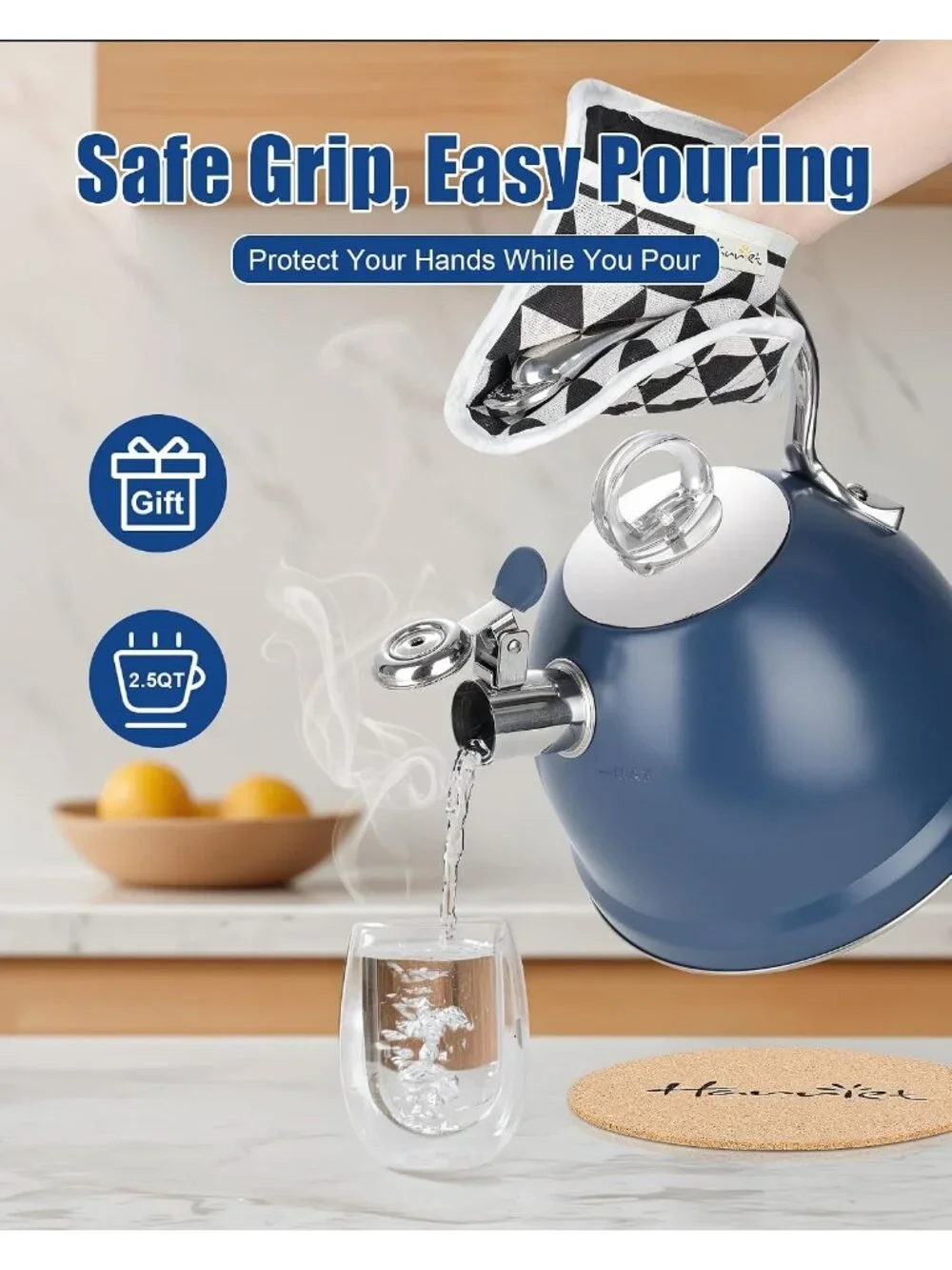 2.5 Quart Stainless Steel Whistling Tea Kettle for Gas, Electric Induction Blue